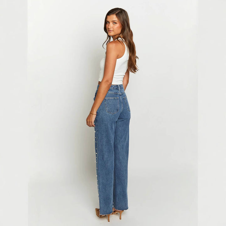 CALORA_ Modieuze Rechte Jeans voor Dames met Parels en Waterwas