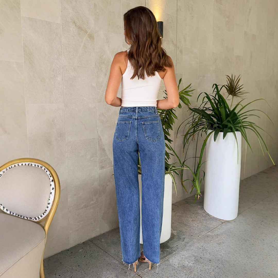 CALORA_ Modieuze Rechte Jeans voor Dames met Parels en Waterwas