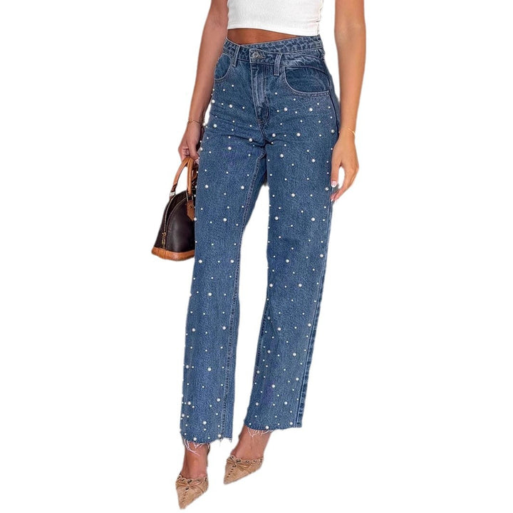 CALORA_ Modieuze Rechte Jeans voor Dames met Parels en Waterwas