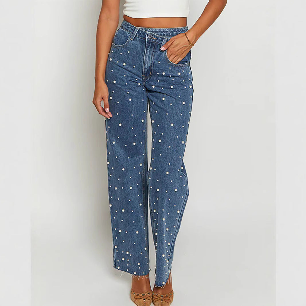 CALORA_ Modieuze Rechte Jeans voor Dames met Parels en Waterwas