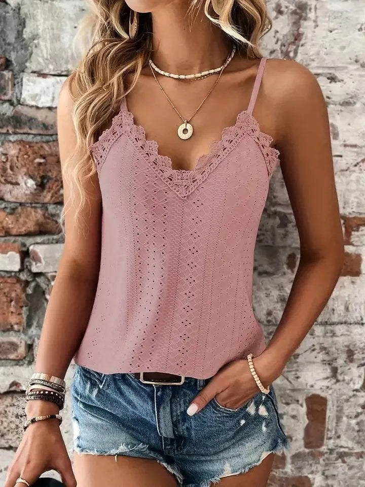 CALORA_ Mouwloze Blouse met V-Hals en Borduursel en Verstelbare Bandjes