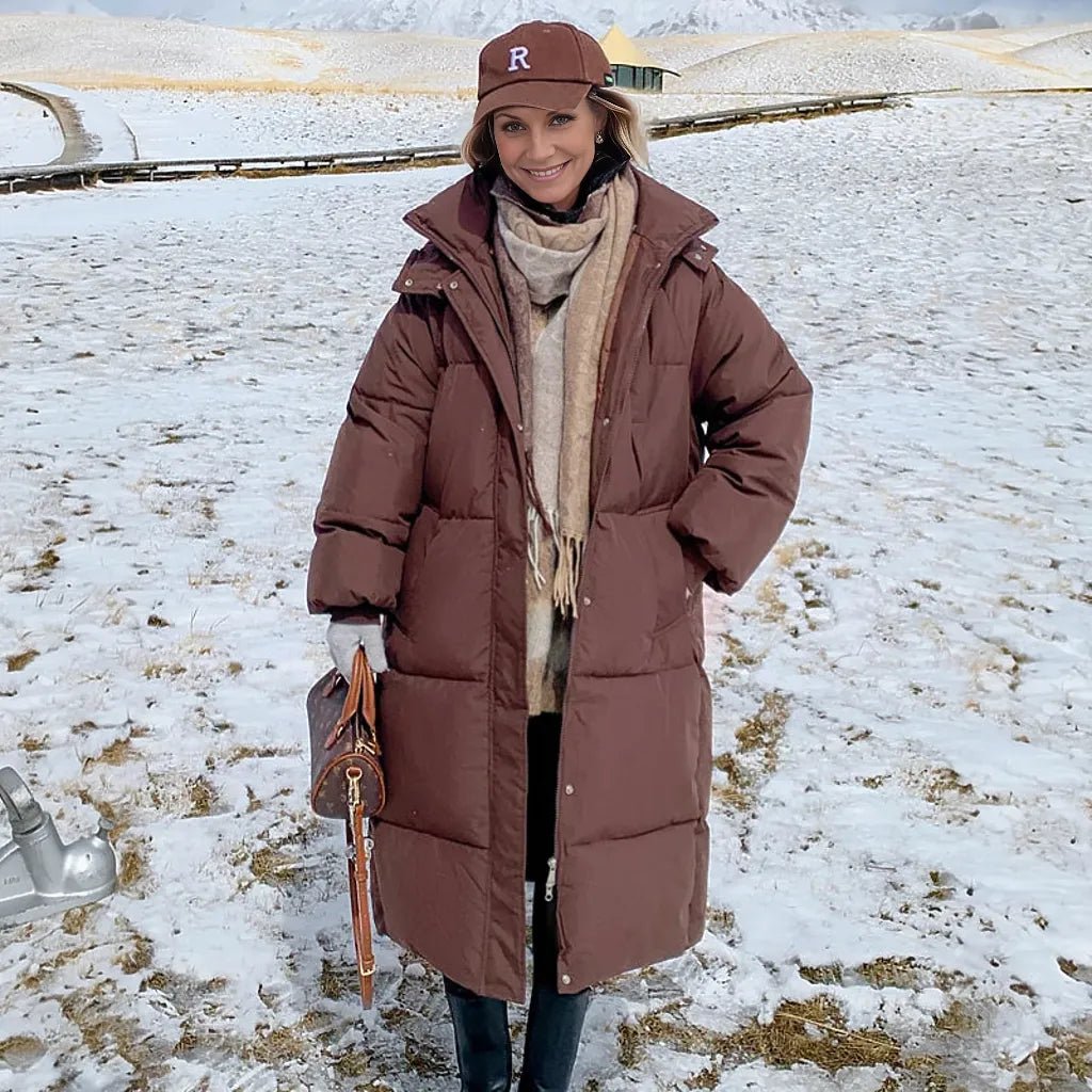 Mystella | Warme Elegante Lange Winterjas met Capuchon-Zomer Jassen-Calora-Bruin-S-Calora