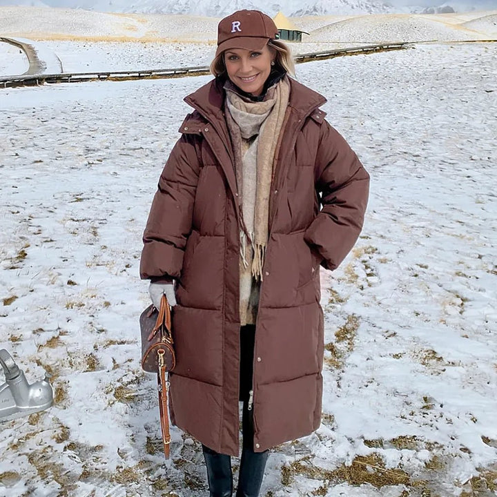 Mystella | Warme Elegante Lange Winterjas met Capuchon-Zomer Jassen-Calora-Bruin-S-Calora