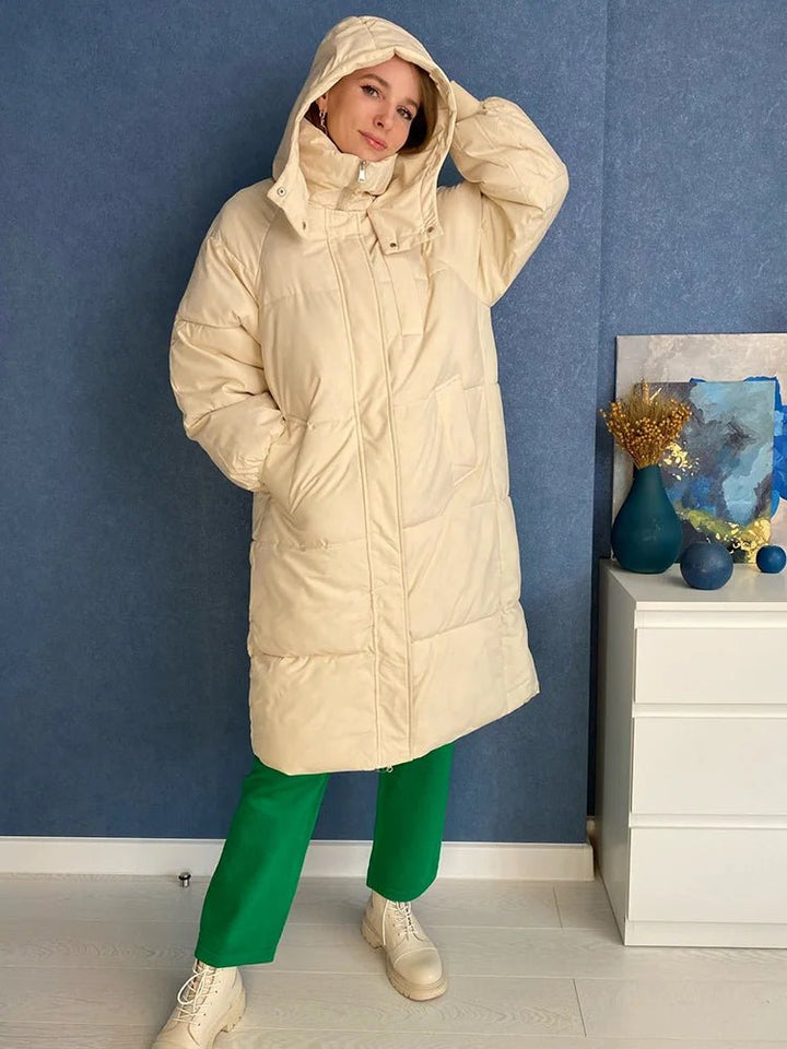 Mystella | Warme Elegante Lange Winterjas met Capuchon-Zomer Jassen-Calora-Khaki-S-Calora
