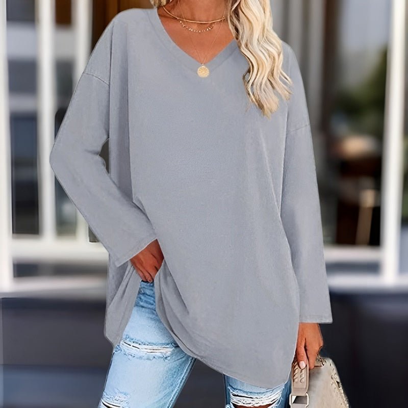 Natasha | Longsleeve trui met V-hals-Shirts & Topjes-Calora-Grijs-S-Calora