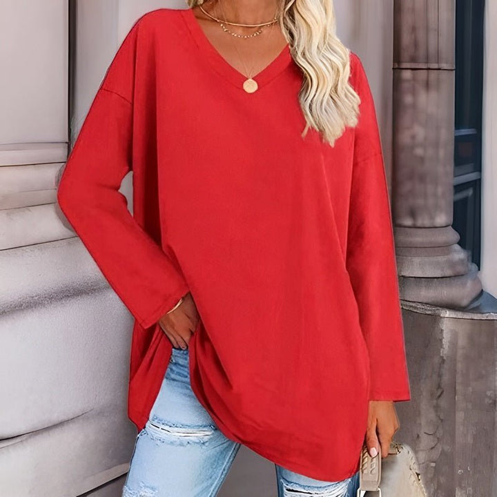Natasha | Longsleeve trui met V-hals-Shirts & Topjes-Calora-Rood-S-Calora