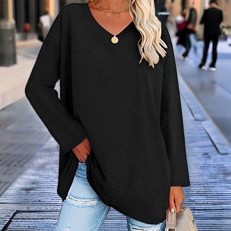 Natasha | Longsleeve trui met V-hals-Shirts & Topjes-Calora-Zwart-S-Calora