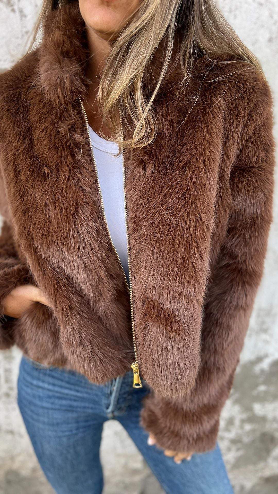 Nimara | Warme Elegante faux fur Overgangsjas-Zomer Jassen-Calora-Bruin-S-Calora