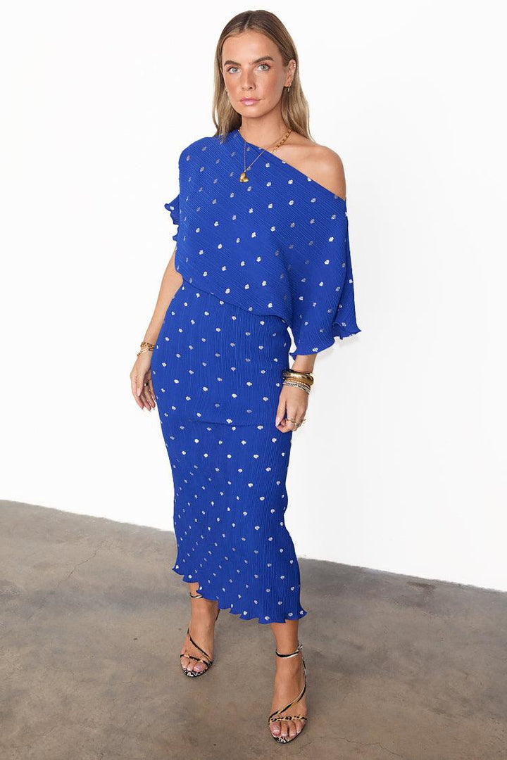 Off Shoulder Plissé Maxi Jurk Kobaltblauw Zilveren Stippen-Zomer Jurken-Calora-S-Calora