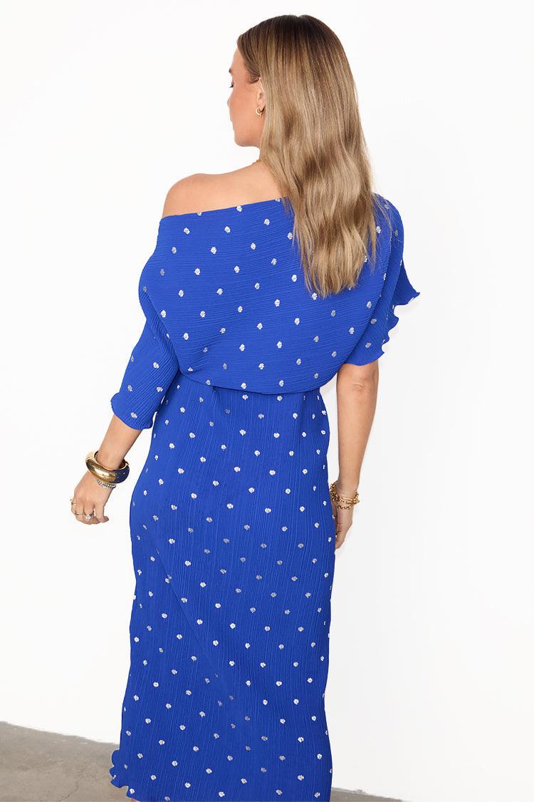 Off Shoulder Plissé Maxi Jurk Kobaltblauw Zilveren Stippen-Zomer Jurken-Calora-S-Calora