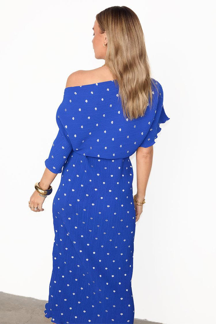 Off Shoulder Plissé Maxi Jurk Kobaltblauw Zilveren Stippen-Zomer Jurken-Calora-S-Calora