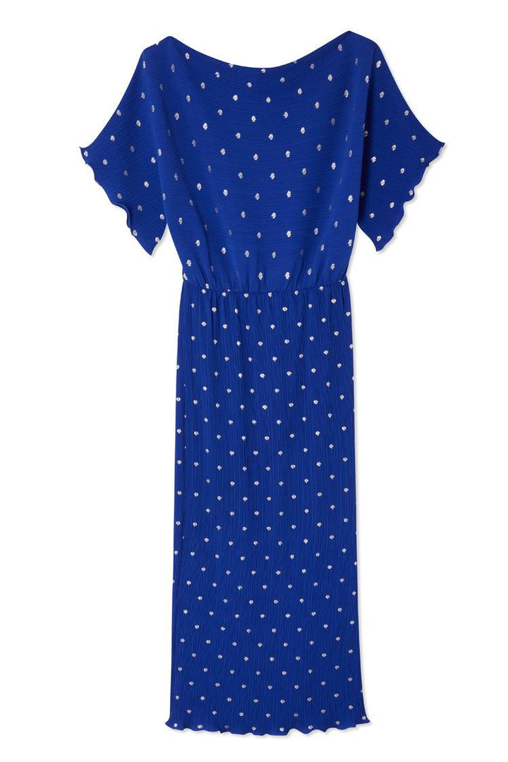 Off Shoulder Plissé Maxi Jurk Kobaltblauw Zilveren Stippen-Zomer Jurken-Calora-S-Calora