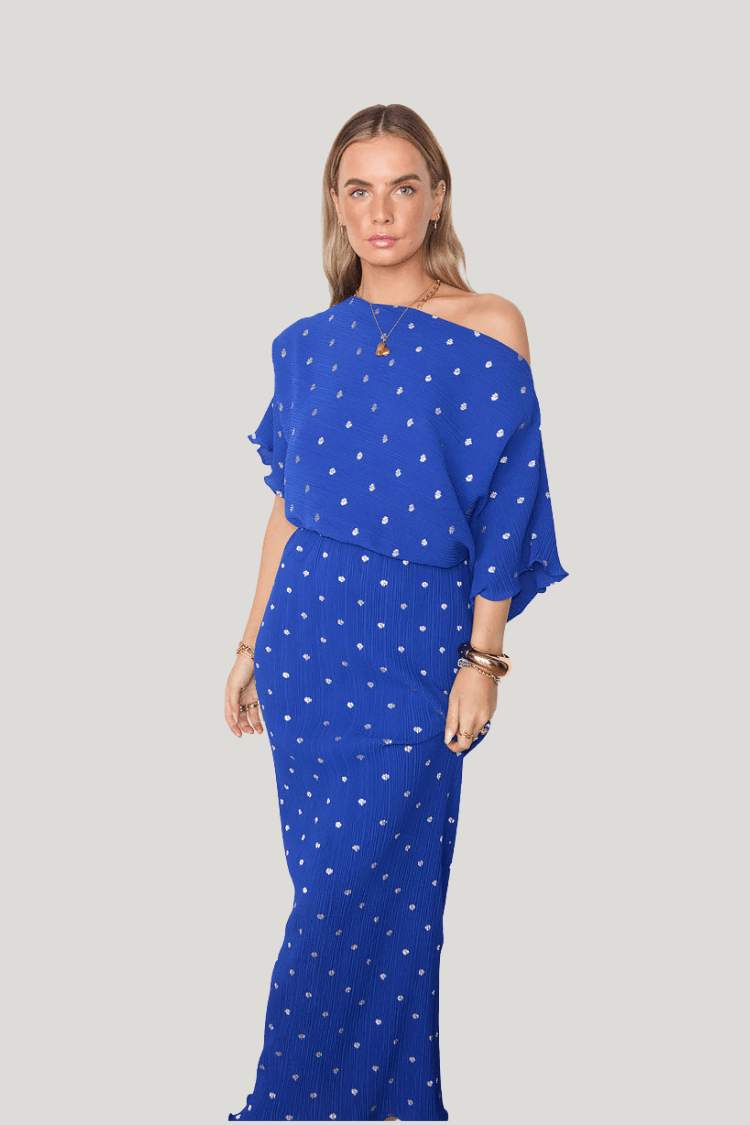 Off Shoulder Plissé Maxi Jurk Kobaltblauw Zilveren Stippen-Zomer Jurken-Calora-S-Calora
