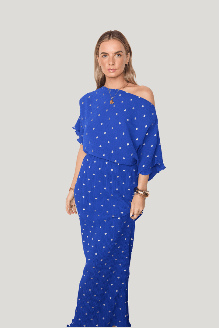 Off Shoulder Plissé Maxi Jurk Kobaltblauw Zilveren Stippen-Zomer Jurken-Calora-S-Calora