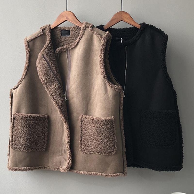CALORA_ Omkeerbaar Dames Vest van Lam met Polo Kraag en Rits