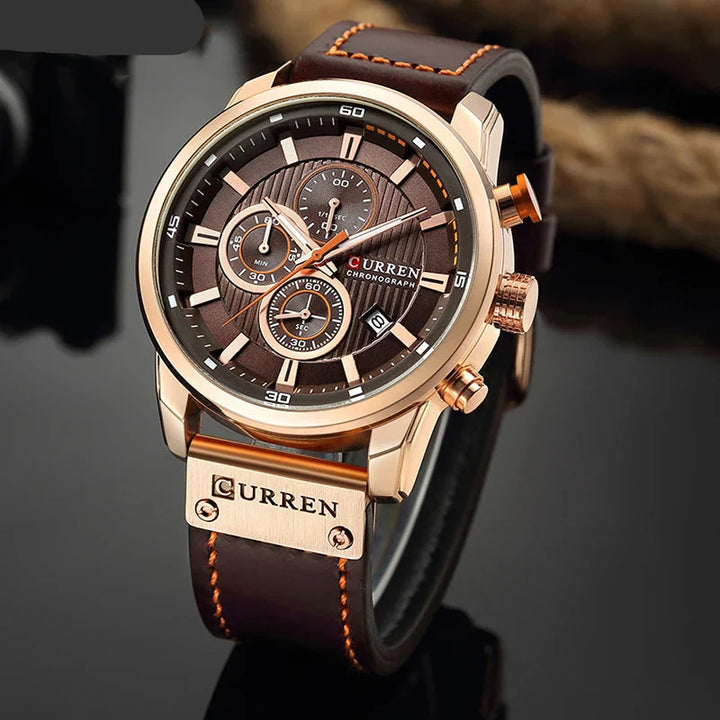 CALORA_ Onyx S79 - Leren Sporthorloge Voor Heren Met Chronograaf In Militaire Stijl
