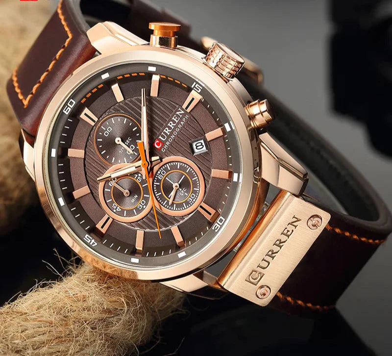 CALORA_ Onyx S79 - Leren Sporthorloge Voor Heren Met Chronograaf In Militaire Stijl