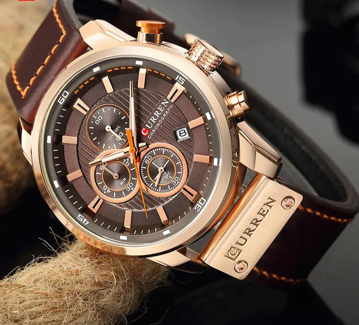 CALORA_ Onyx S79 - Leren Sporthorloge Voor Heren Met Chronograaf In Militaire Stijl