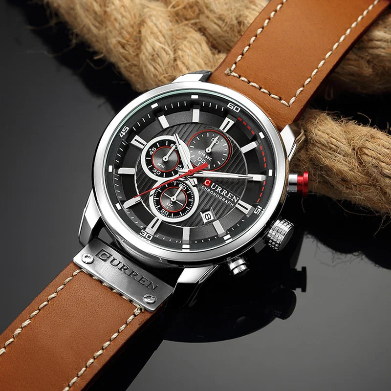 CALORA_ Onyx S79 - Leren Sporthorloge Voor Heren Met Chronograaf In Militaire Stijl