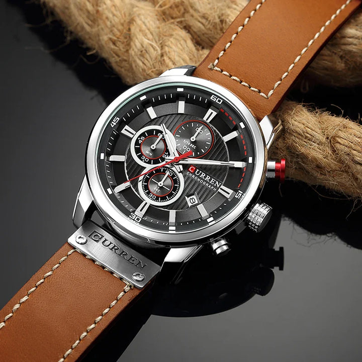 CALORA_ Onyx S79 - Leren Sporthorloge Voor Heren Met Chronograaf In Militaire Stijl