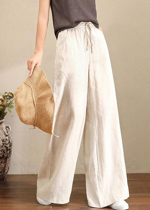 Oranje Elastische Taille Linnen Rechte Broek Effen Kleur Trekkoord Zomer-Wijde Broeken-Calora-Beige-S-Calora