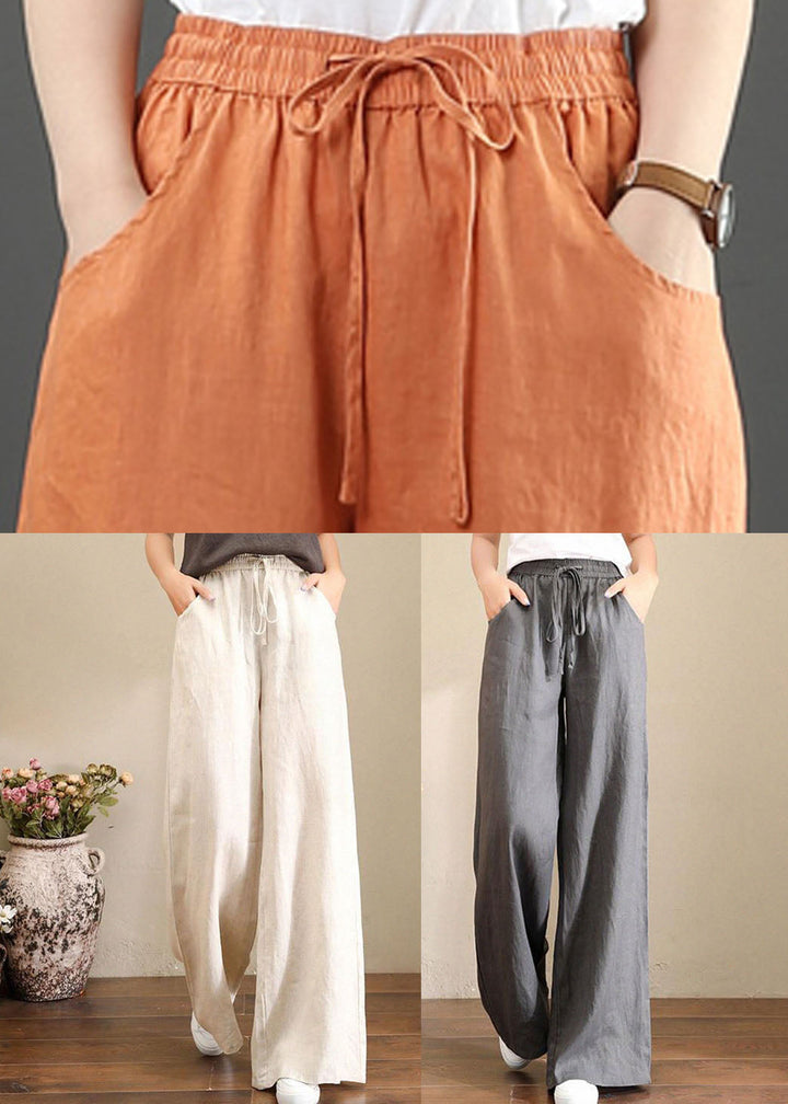 Oranje Elastische Taille Linnen Rechte Broek Effen Kleur Trekkoord Zomer-Wijde Broeken-Calora-Oranje-S-Calora