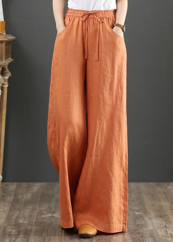 Oranje Elastische Taille Linnen Rechte Broek Effen Kleur Trekkoord Zomer-Wijde Broeken-Calora-Oranje-S-Calora