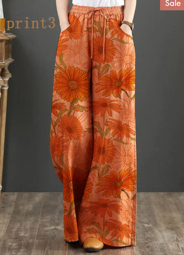 Oranje Elastische Taille Linnen Rechte Broek Effen Kleur Trekkoord Zomer-Wijde Broeken-Calora-Print Dyed Oranje-S-Calora