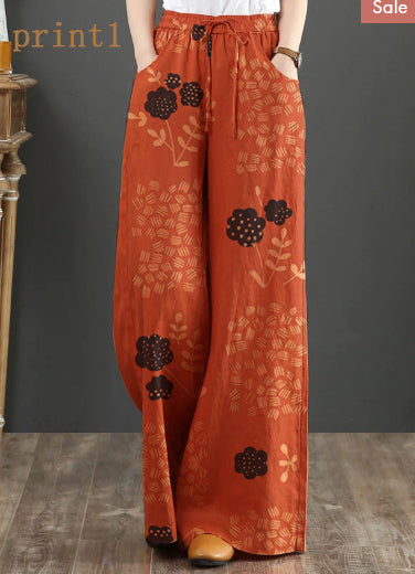 Oranje Elastische Taille Linnen Rechte Broek Effen Kleur Trekkoord Zomer-Wijde Broeken-Calora-Print Oranje 1-S-Calora