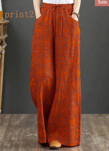 Oranje Elastische Taille Linnen Rechte Broek Effen Kleur Trekkoord Zomer-Wijde Broeken-Calora-Print Oranje 2-S-Calora