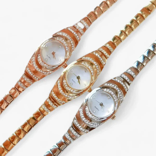 Ovale Dames Quartz Horloge met Kristallen Diamantaccenten-Horloges-Calora-Gouden set-Calora