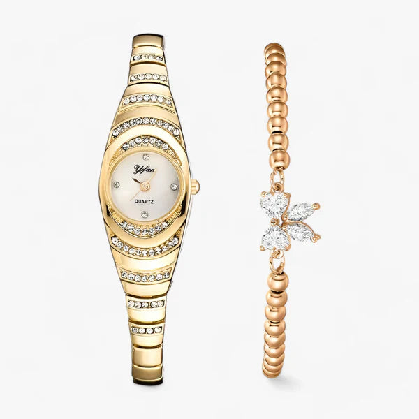Ovale Dames Quartz Horloge met Kristallen Diamantaccenten-Horloges-Calora-Gouden set-Calora