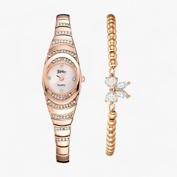 Ovale Dames Quartz Horloge met Kristallen Diamantaccenten-Horloges-Calora-Roségouden set-Calora