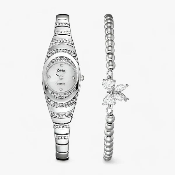 Ovale Dames Quartz Horloge met Kristallen Diamantaccenten-Horloges-Calora-Zilveren set-Calora