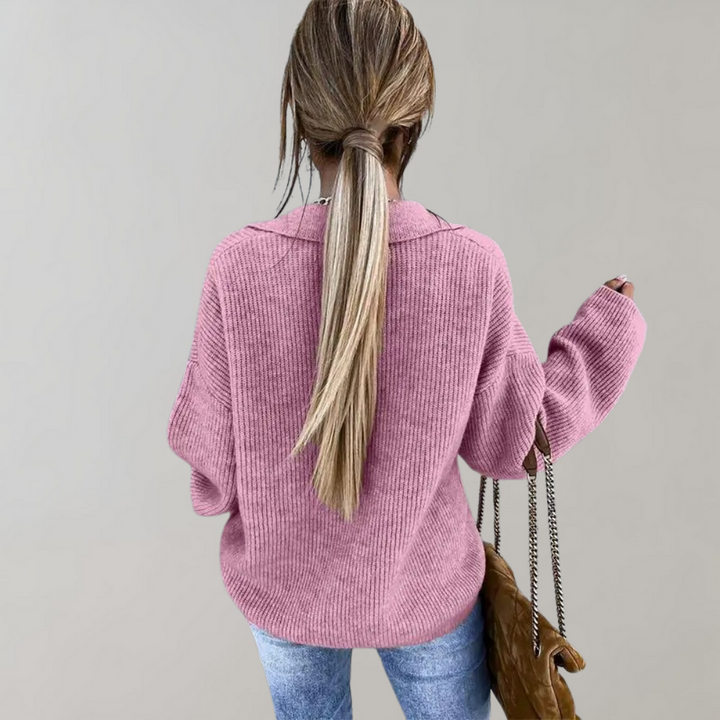 Oversized geribbelde trui met V-hals voor dames-Blazers & Vesten-Calora-Abrikoos-S-Calora