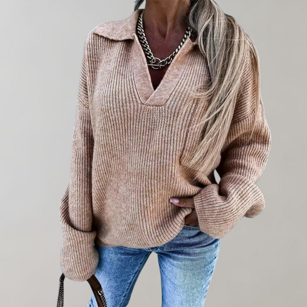Oversized geribbelde trui met V-hals voor dames-Blazers & Vesten-Calora-Abrikoos-S-Calora