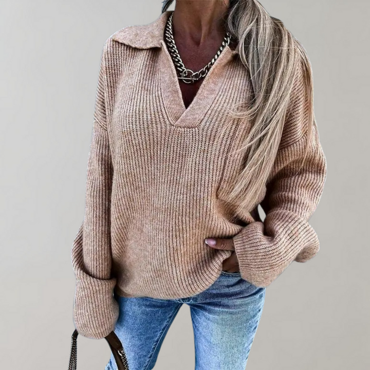 Oversized geribbelde trui met V-hals voor dames-Blazers & Vesten-Calora-Abrikoos-S-Calora