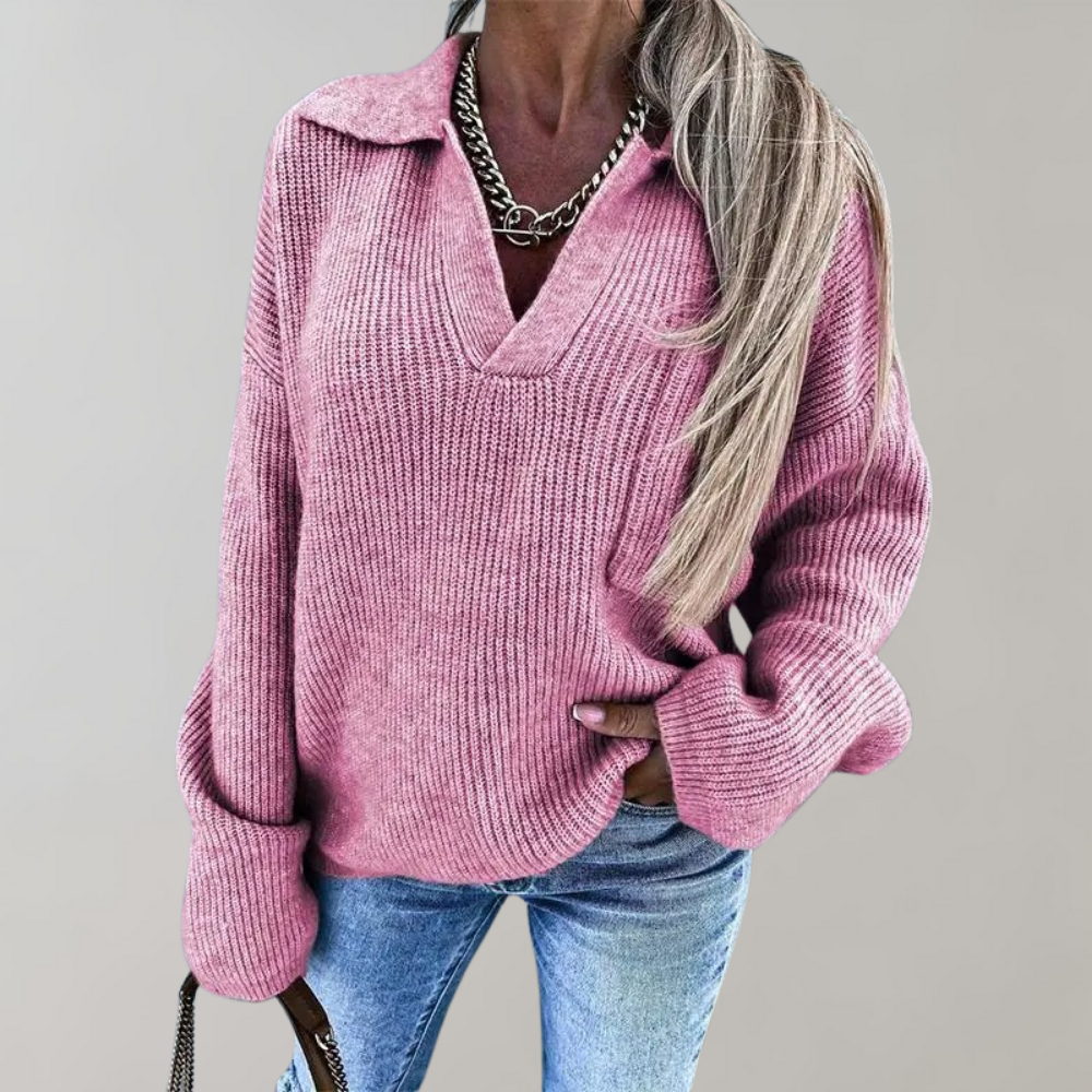 Oversized geribbelde trui met V-hals voor dames-Blazers & Vesten-Calora-Abrikoos-S-Calora