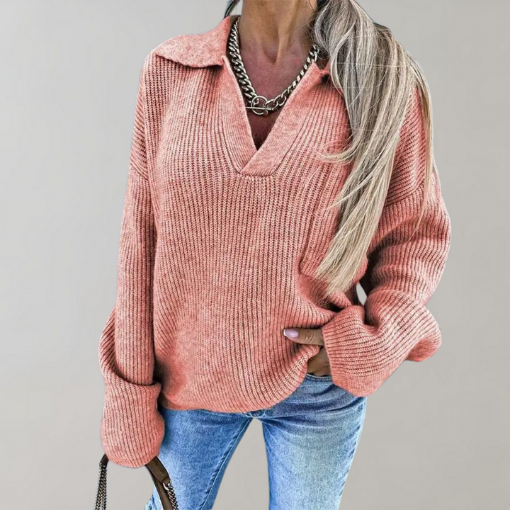 Oversized geribbelde trui met V-hals voor dames-Blazers & Vesten-Calora-Abrikoos-S-Calora