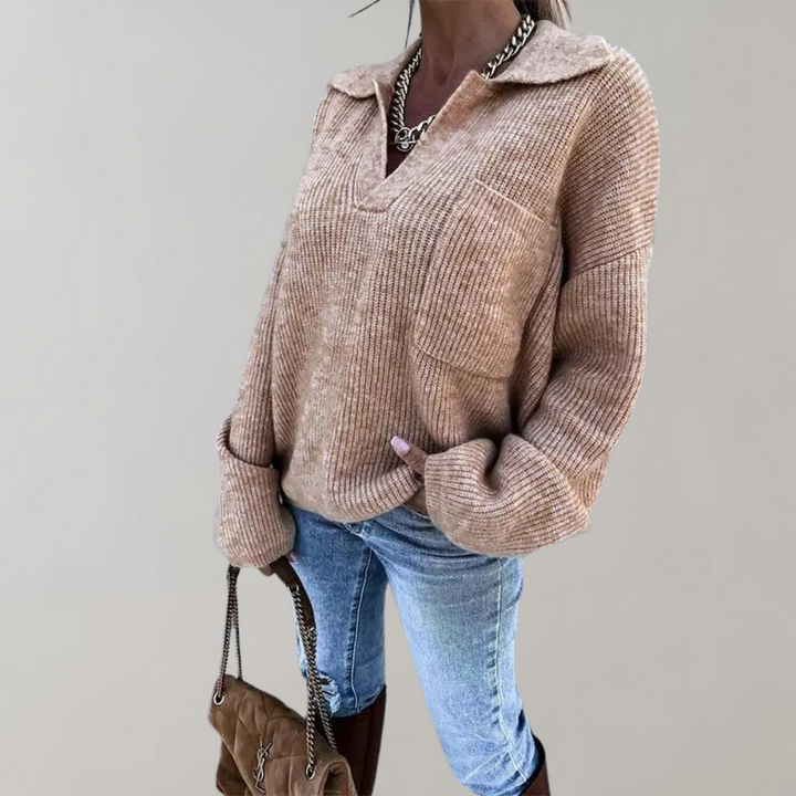 Oversized geribbelde trui met V-hals voor dames-Blazers & Vesten-Calora-Abrikoos-S-Calora