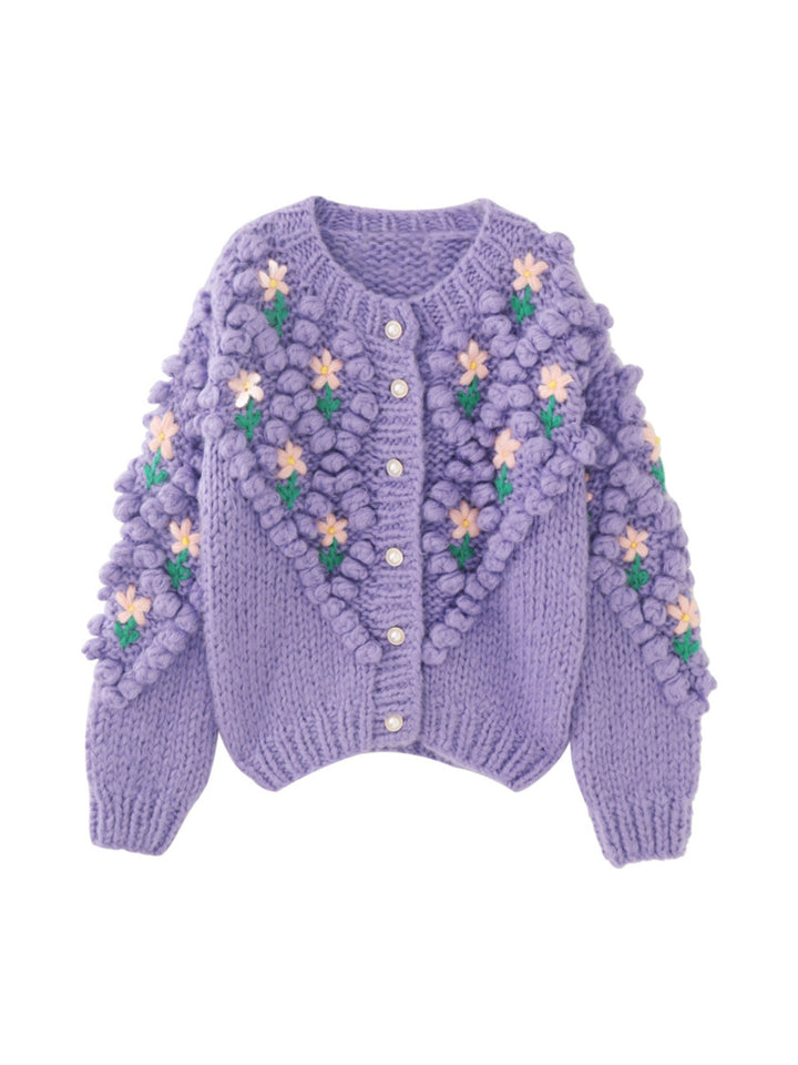 CALORA_ Paarse Bloemen Gebreide Cardigan met Unieke Handgemaakte Accenten