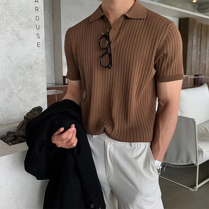 Paolo | Luxe Retro Gebreide Polo - Korte Mouw-Polo's-Calora-Bruin-M-Calora
