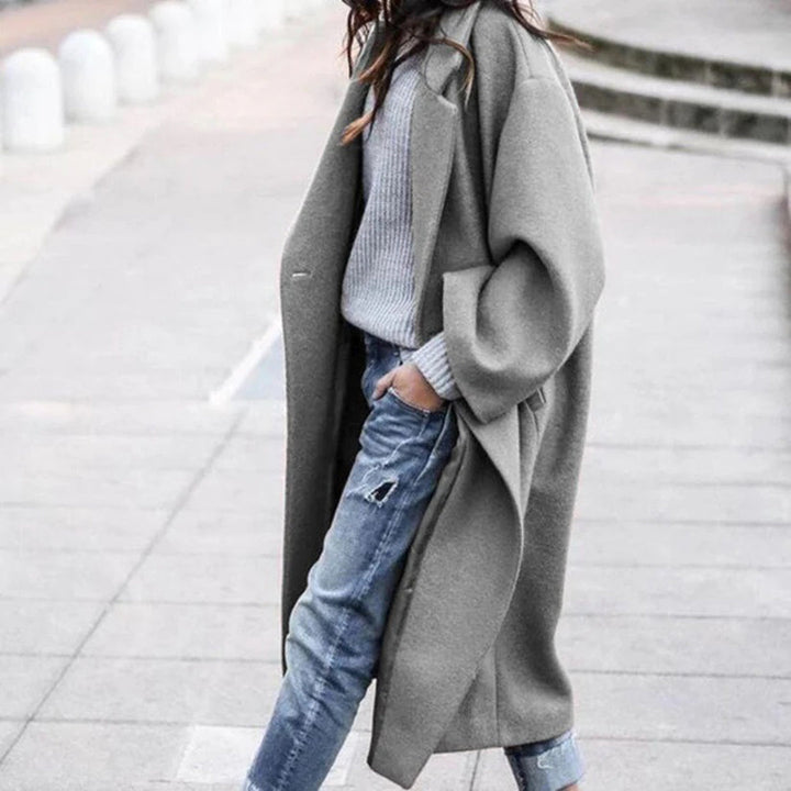 Pearl | Elegante winter trenchcoat met één knoop en knielengte voor dames-Zomer Jassen-Calora-Grijs-S-Calora