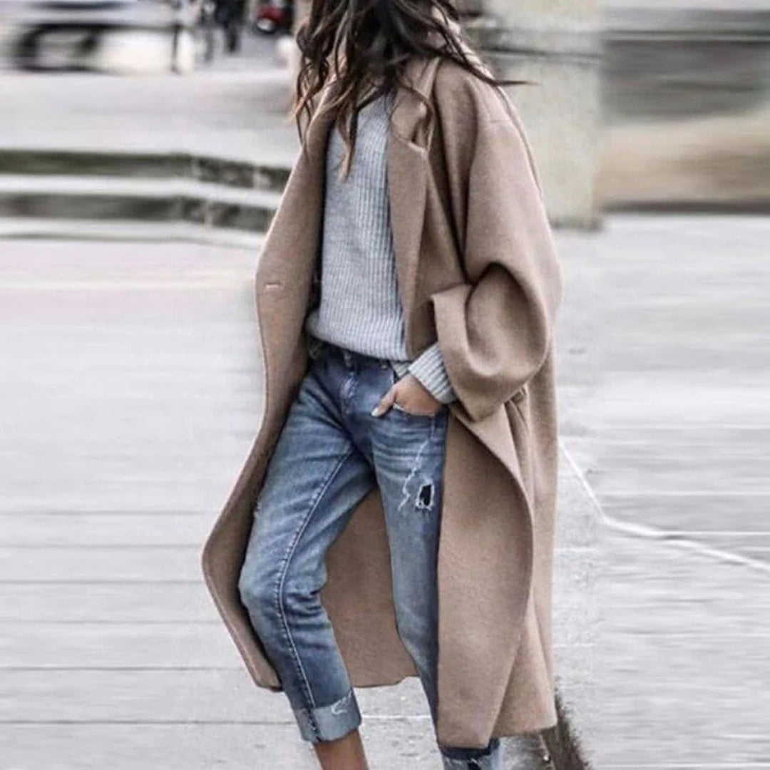 Pearl | Elegante winter trenchcoat met één knoop en knielengte voor dames-Zomer Jassen-Calora-Khaki-S-Calora