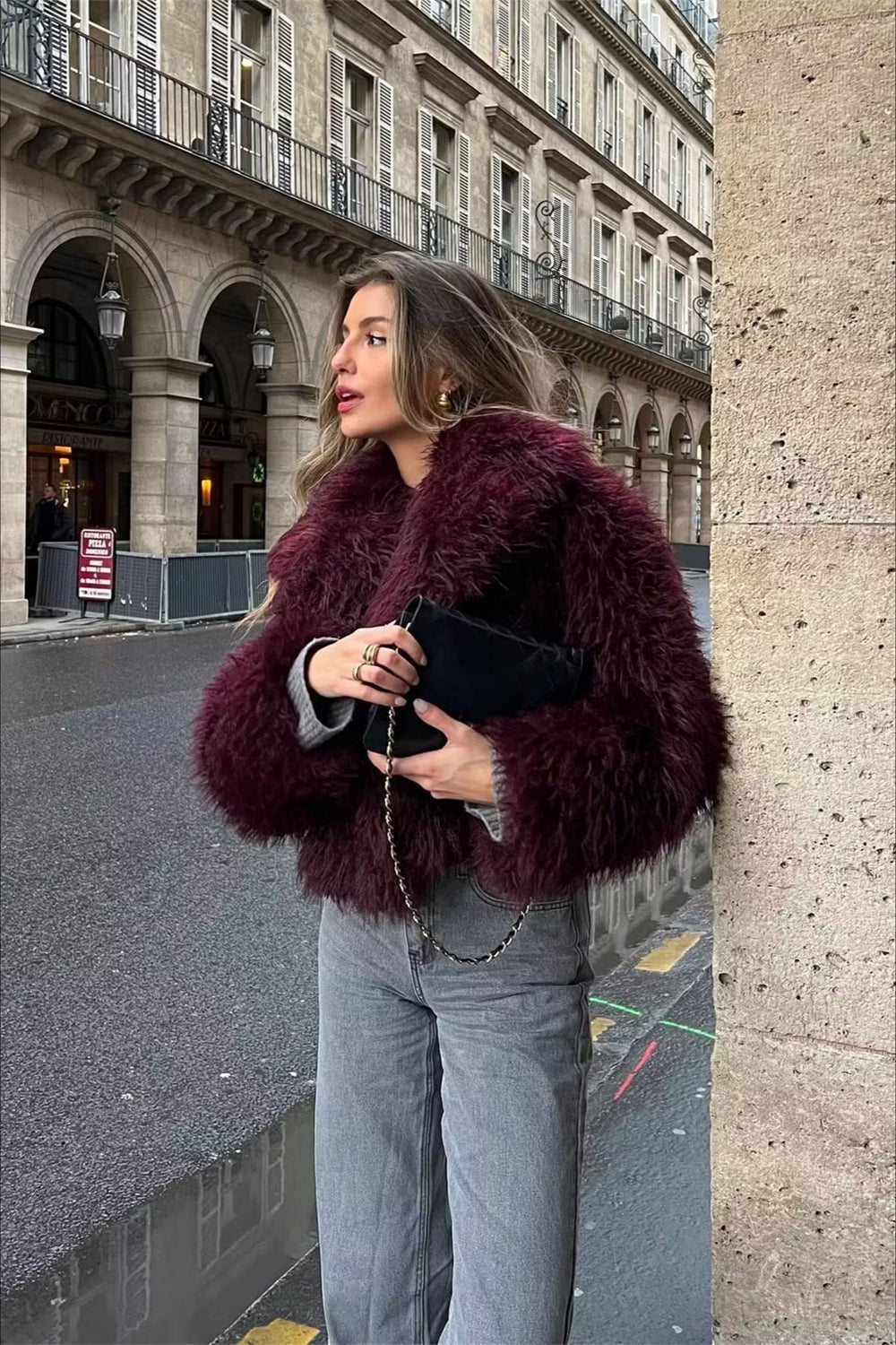 CALORA_ Pluche Bordeaux Shaggy Jas van imitatie Bont