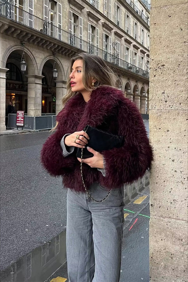CALORA_ Pluche Bordeaux Shaggy Jas van imitatie Bont