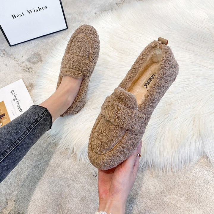 CALORA_ Pluche Huisschoenen met Ronde Neus en Antislip Zolen