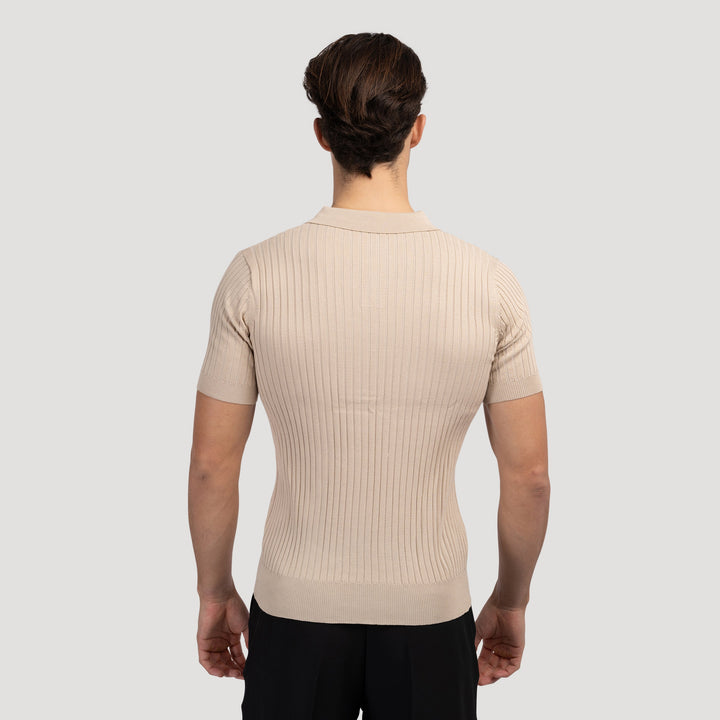 CALORA_ Polo Met V Hals Katoenmix Korte Mouwen En Ribstructuur