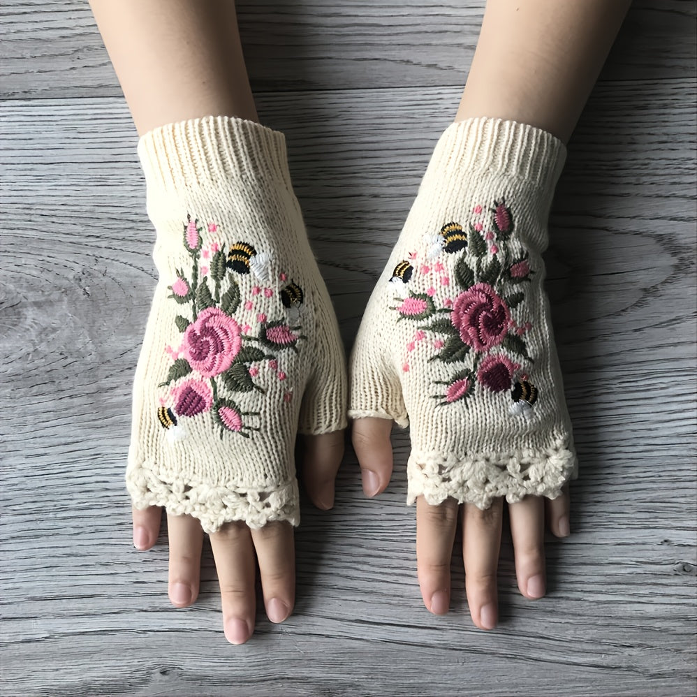 CALORA_ Pravina - Bloemige Vingerloze Handschoenen voor Warmte en Stijl