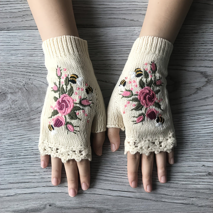 CALORA_ Pravina - Bloemige Vingerloze Handschoenen voor Warmte en Stijl